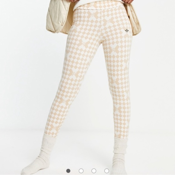 adidas Cream and Brown Checkered Print Signature Stirrup Leggings - Picture 7 of 9